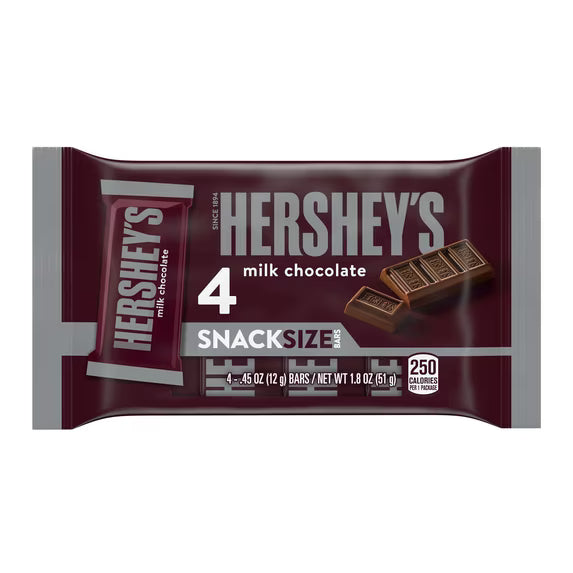 HERSHEY'S Milk Chocolate Snack Size Candy Bars, 0.45 oz (4 Count)